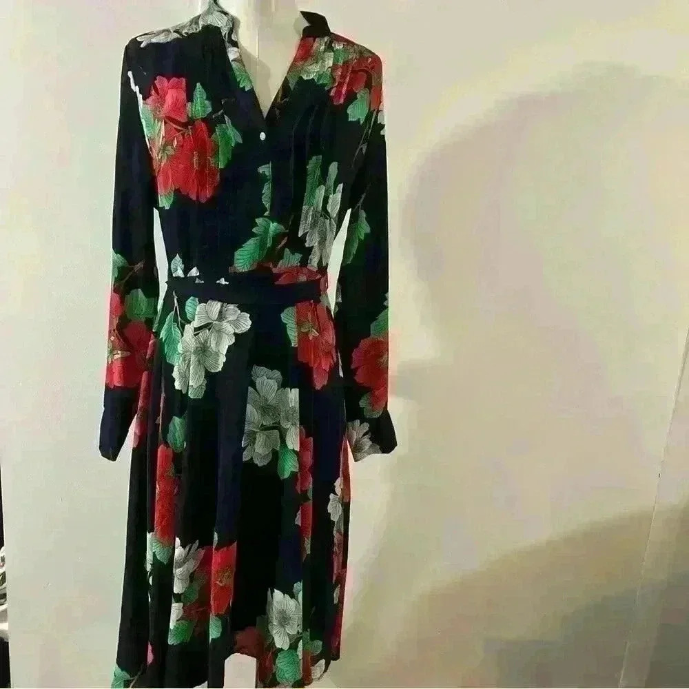 NANETTE LEPORE Navy Floral Long Sleeve Crepe Button Front Midi Dress Size 4